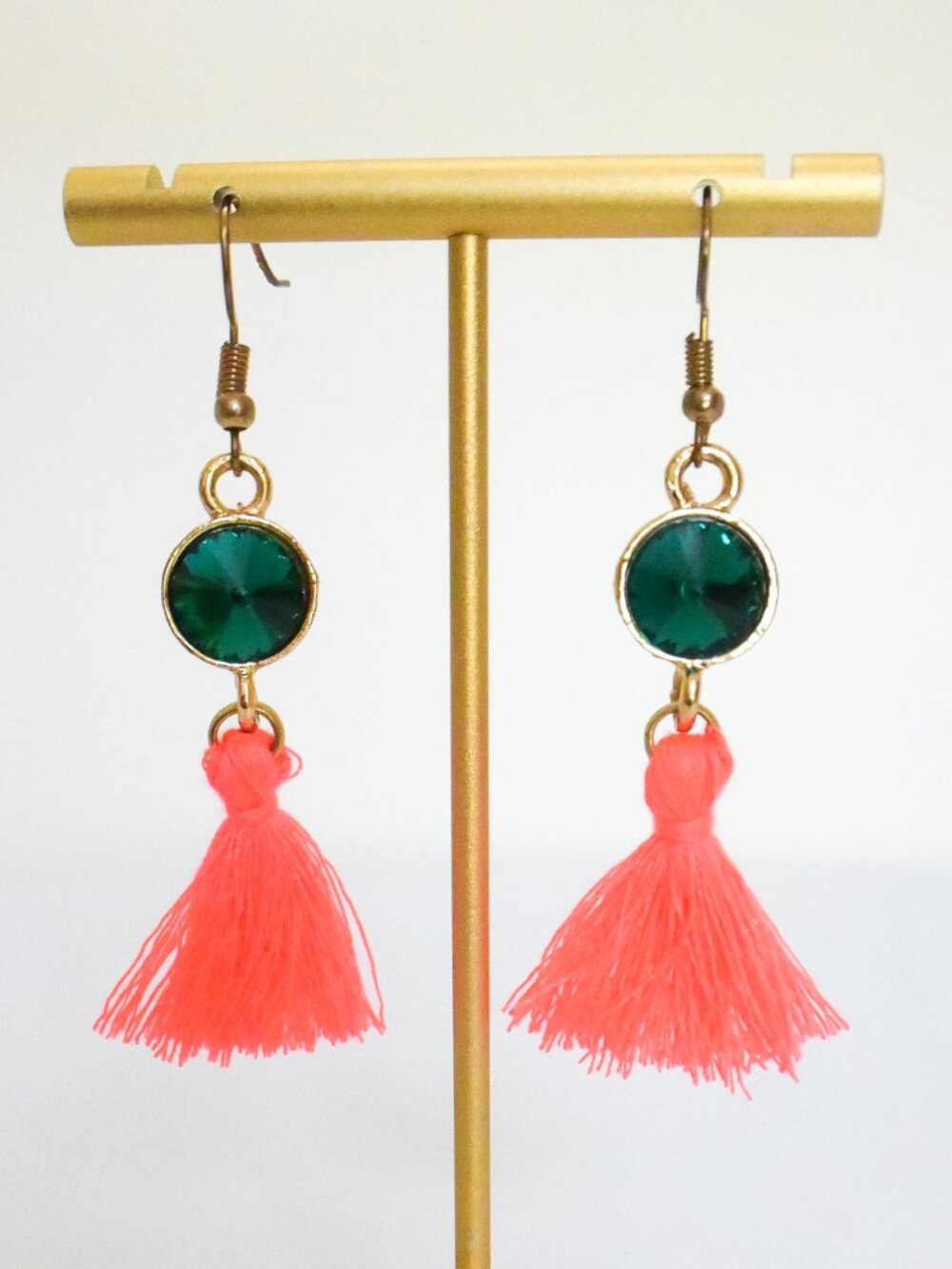 *Claire's* Green Jewel & Neon Pink Tassel Earrings - Boho Dangles
